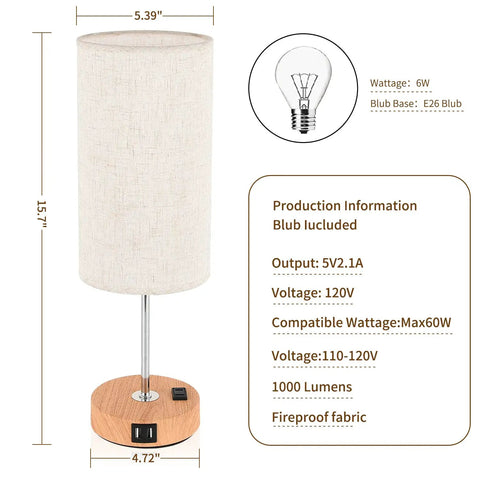 Touch Bedside Table Lamp With USB Port And AC Outlet 3 Way Dimmable Nightstand Lamp With Wood Base And Round Flaxen Fabric Shade