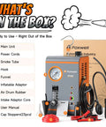Plumb Line Evap Check Pro Grade Smoke And Air Leak Detector With Adjustable Flow And Pressure Gauge For Intake Exhaust Fuel Systems On 12V Rigs showing all components in box, including main unit, tubes, cords.