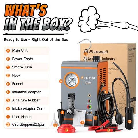 Plumb Line Evap Check Pro Grade Smoke And Air Leak Detector With Adjustable Flow And Pressure Gauge For Intake Exhaust Fuel Systems On 12V Rigs showing all components in box, including main unit, tubes, cords.