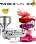 Semi Automatic Paste Bottle Filling Machine Single Head Stainless Steel Liquid Pump with funnel and colorful liquid bottles.