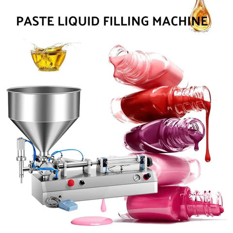 Semi Automatic Paste Bottle Filling Machine Single Head Stainless Steel Liquid Pump with funnel and colorful liquid bottles.