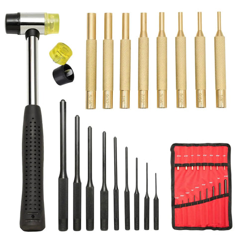 Pin Punch Set 20Pcs With Steel And Brass Pin Punches Hammer Storage Pouch And Red Tool Bag Workhorse Kit For Automotive Furniture And DIY Projects