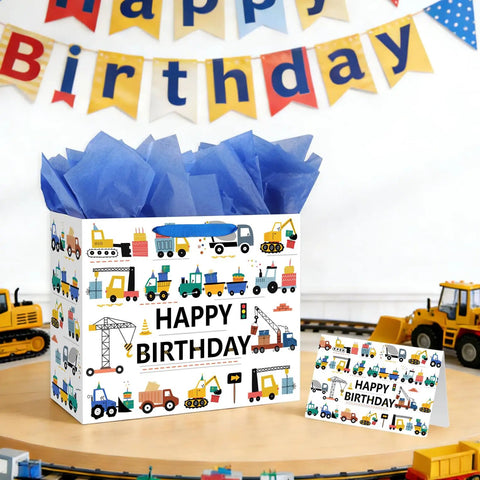 Construction Birthday Gift Bags For Boys With Tissue Paper And Greeting Card 13 Inch Vehicle Theme Trucks Excavators And Cranes Ready To Gift Party Bag Bundle For Kids