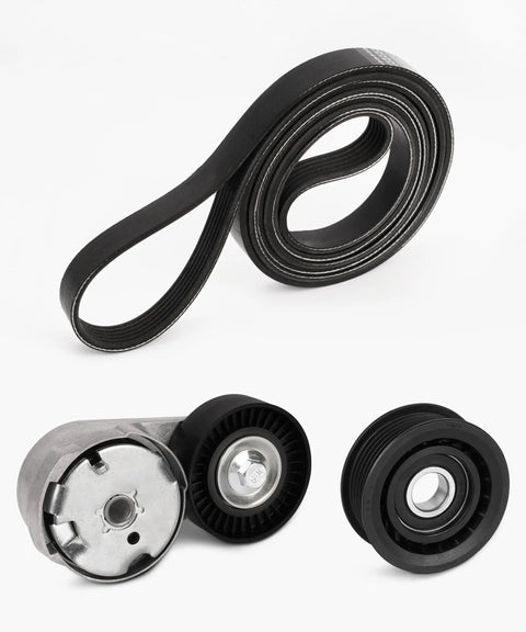 90K-39282D All In One Serpentine Belt Drive Component Kit For 3.6L V6 Chrysler Dodge Cars 2011 To 2019 Includes Drive Belt Tensioner 39282 And Idler Pulley 38082, black belt and pulleys