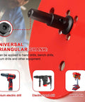 Drill adapter with universal triangular shank, black, mounted on a red drill press base.