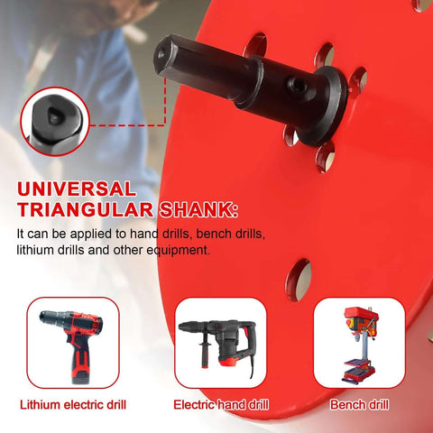 Drill adapter with universal triangular shank, black, mounted on a red drill press base.