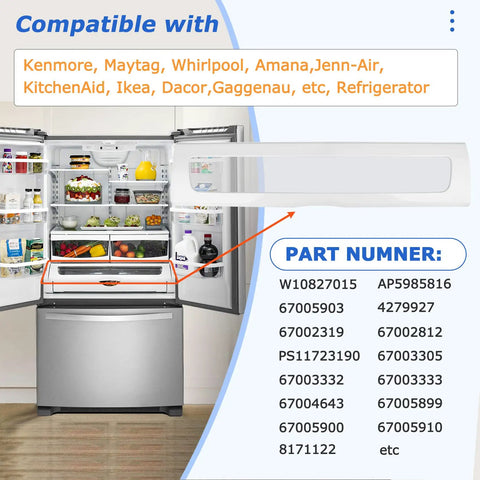 Open fridge with Pantry Drawer Door Cover With Clear Plastic Sheet For Fridge Drawers, Durable Shield Guard, compatibility list visible