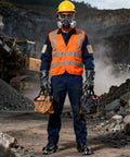 Premium Welding Safety Goggles With Impact Resistant Anti Splash Dark Green Tinted Lenses, worker in safety gear at construction site.