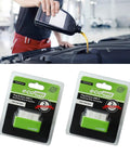 Two Piece OBD2 Fuel Saver Plug And Driver For Most Cars Energy Saving Tuning Accessory Universal Car Performance Booster Gas Mileage Boost Eco Friendly Green Car Upgrade Easy Plug In Kit in packaging with automotive engine background.