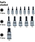 Knurled Torx Bit Socket Set T8 Through T60 For 1/4, 3/8 And 1/2 Inch Drives, Premium Cr-V Steel, 13-Piece Kit