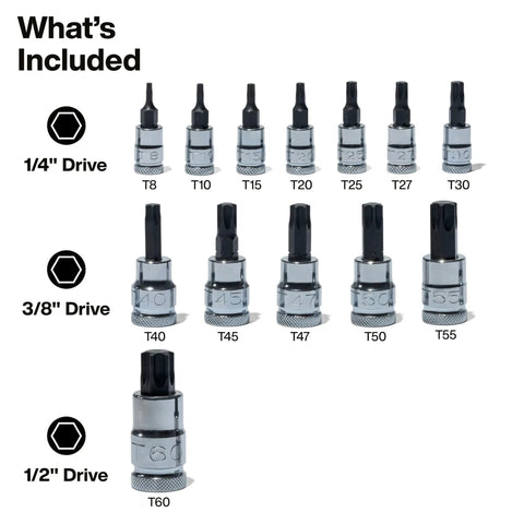 Knurled Torx Bit Socket Set T8 Through T60 For 1/4, 3/8 And 1/2 Inch Drives, Premium Cr-V Steel, 13-Piece Kit