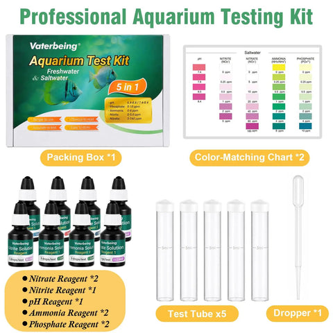 5 In 1 Aquarium Water Test Kit Keeps Your Fish Tank Hella Clean By Checking Ph Ammonia Nitrite Nitrate And Phosphate with reagents and test tubes.