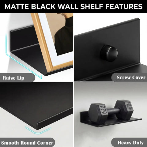 Mini Floating Wall Shelves for Smart Speaker Collectibles, Lightweight Aluminum, Matte Black, Wall Mounted, 12 by 5 Inch details