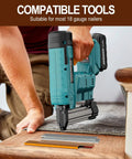 Person using nailer with 800 Count 18 Gauge Brad Nails And 800 Count Narrow Crown Staples Combo Kit for upholstery and woodworking