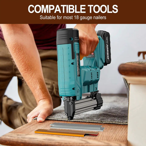 Person using nailer with 800 Count 18 Gauge Brad Nails And 800 Count Narrow Crown Staples Combo Kit for upholstery and woodworking