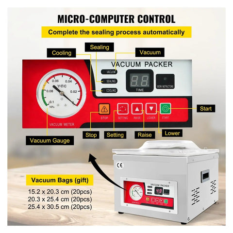 Control panel of Commercial Chamber Vacuum Sealer Heavy Duty Food Packing Machine displaying vacuum gauge and buttons.