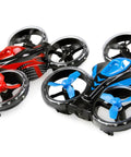 Red and blue FightStar Battle Drone Set RTF Ready To Fly With Infrared Battle Mode, dual color quadcopter design on display.