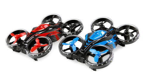 Red and blue FightStar Battle Drone Set RTF Ready To Fly With Infrared Battle Mode, dual color quadcopter design on display.