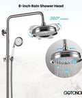 8 Inch Round Rain Shower Head Kit With Double Cross Handle Diverter Tub Spout Wall Mount Shower Fixtures 3 Function Metal Handheld Sprayer In Brushed Nickel Finish For Modern Baths, showing 360-degree rotation feature
