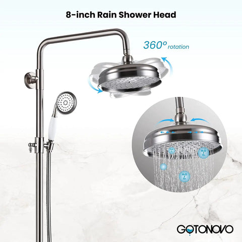 8 Inch Round Rain Shower Head Kit With Double Cross Handle Diverter Tub Spout Wall Mount Shower Fixtures 3 Function Metal Handheld Sprayer In Brushed Nickel Finish For Modern Baths, showing 360-degree rotation feature