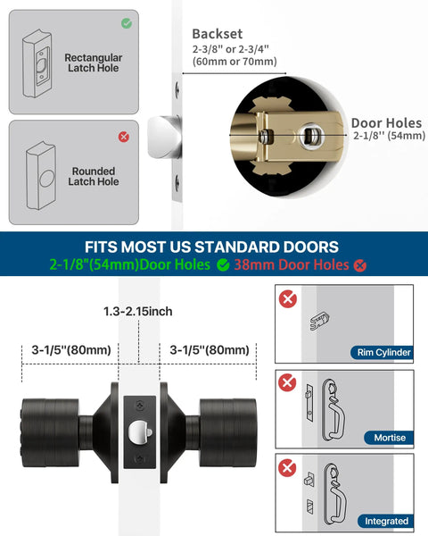 Diagram showing keyless entry door lock with keypad and smart code, easy install door knob, mute mode for silent beeps, passage function.