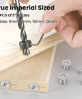 20 Piece Dowel And Tenon Center Transfer Plugs Set For Woodworking, Pro Grade Solid Dowel Center Pins being used for hole drilling