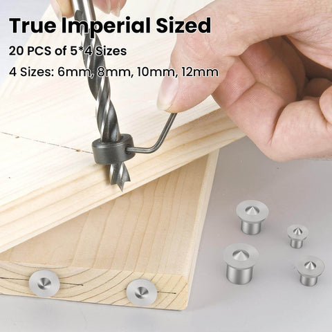 20 Piece Dowel And Tenon Center Transfer Plugs Set For Woodworking, Pro Grade Solid Dowel Center Pins being used for hole drilling