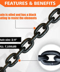 Features of G80 Binder And Safety Chain Three Eighths Inch By Twenty Foot Beefy Heavy Duty Transport Chain With Clevis Grab Hooks 7100 Lbs Working Load