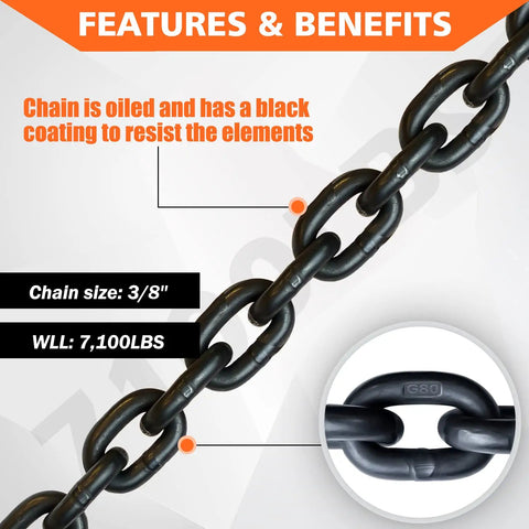 Features of G80 Binder And Safety Chain Three Eighths Inch By Twenty Foot Beefy Heavy Duty Transport Chain With Clevis Grab Hooks 7100 Lbs Working Load
