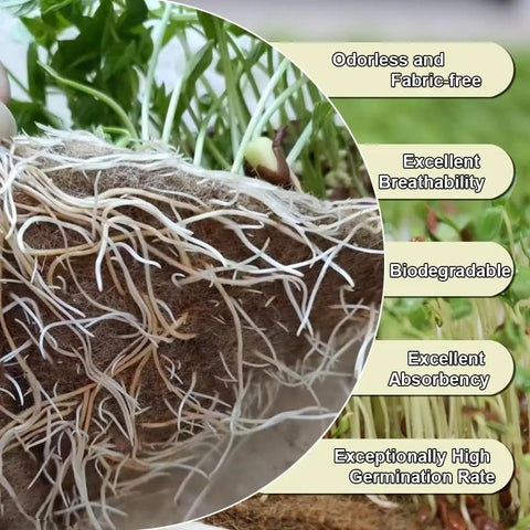 Close-up of roots growing on jute microgreens mat with text on breathability, absorbency, and biodegradability.