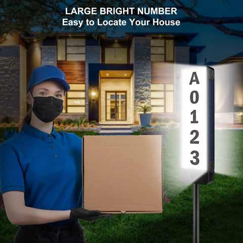 Solar Powered Address Sign For Yard With Vertical LED House Numbers IP65 Waterproof Outdoor Plaque next to delivery person.