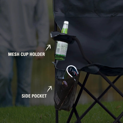 Portable Camping Chair With Built In Four Can Cooler Cushioned Seat And Back Side Pockets Cup Holder Carry Bag Included Ideal For Camping Tailgating Fire Pits Patio And More showing mesh cup holder and side pocket.