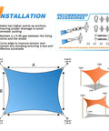 8x8 Foot Rectangle Shade Sail installation guide with instructions on tension, drainage, and attachment points, includes accessories list.