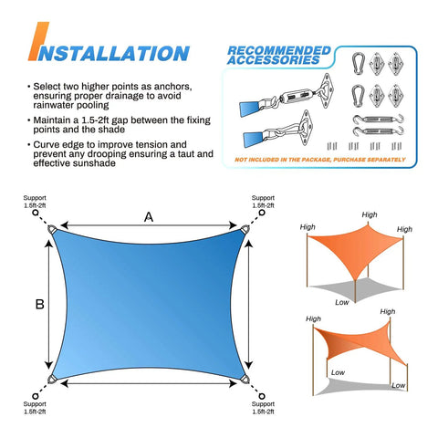 8x8 Foot Rectangle Shade Sail installation guide with instructions on tension, drainage, and attachment points, includes accessories list.