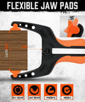 Six Pack Heavy Duty Spring Clamps, 7 Inch Plastic Clamps With 3.7 Inch Jaw Opening showing flexible jaw pads and ergonomic handle.
