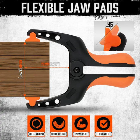 Six Pack Heavy Duty Spring Clamps, 7 Inch Plastic Clamps With 3.7 Inch Jaw Opening showing flexible jaw pads and ergonomic handle.