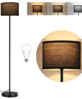 Minimalist Floor Lamp With White Linen Fabric Shade, Tall Modern Standing Light For Living Room Bedroom Or Office, Black Metal Pole And Base With Foot Switch, E26 Base, No Bulb Included, showcasing light settings and close-up