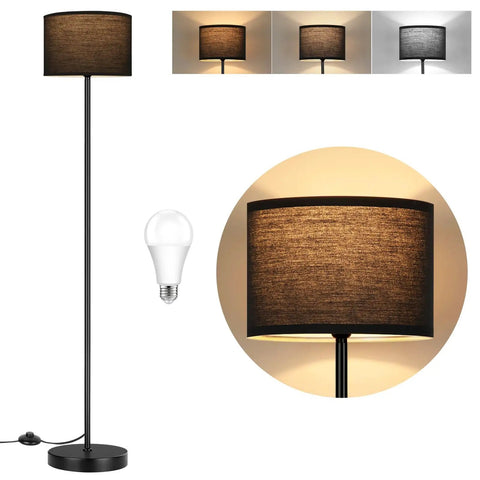 Minimalist Floor Lamp With White Linen Fabric Shade, Tall Modern Standing Light For Living Room Bedroom Or Office, Black Metal Pole And Base With Foot Switch, E26 Base, No Bulb Included, showcasing light settings and close-up