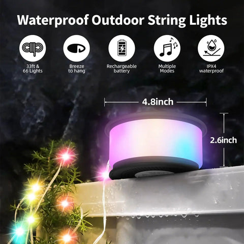 Two Pack Rechargeable Camping String Lights 32.8ft With 19 Lighting Modes shown lit up on a surface outdoors with measurements marked