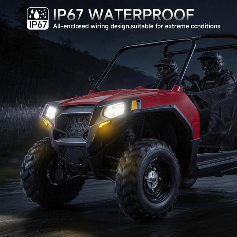ATV with Universal UTV Turn Signal Kit With Horn, Hazard Lights, And Lever Column Switch during night on wet road