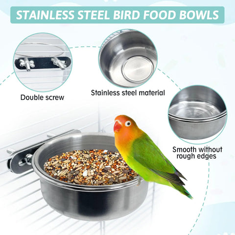Stainless steel bird feeding bowl with clamp holder; 2-piece cage set for parrots and budgies.