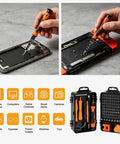 The Ultimate 115 In 1 Magnetic Precision Screwdriver Tool Kit For Electronics Repair With Torx Bits Flexible Shaft Driver Set Perfect Gifts for Guys Fixing Laptops Phones MacBooks PS5 Xbox Gaming Consoles Smartwatches And Eyewear, orange case open