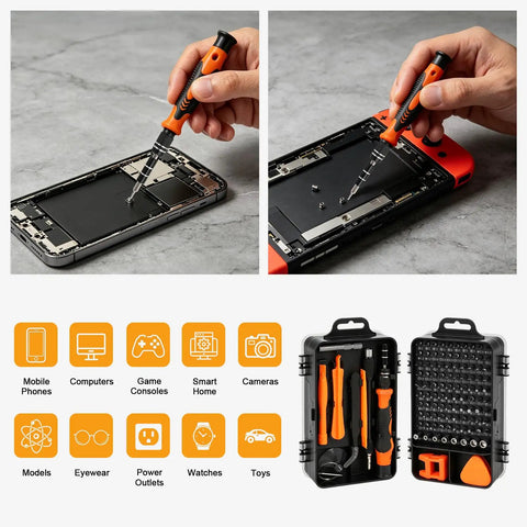 The Ultimate 115 In 1 Magnetic Precision Screwdriver Tool Kit For Electronics Repair With Torx Bits Flexible Shaft Driver Set Perfect Gifts for Guys Fixing Laptops Phones MacBooks PS5 Xbox Gaming Consoles Smartwatches And Eyewear, orange case open