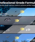 Image showing professional grade formula repairing X-shaped damages on windshields, long cracks on flat glass, and dents on car windows.