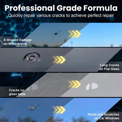 Image showing professional grade formula repairing X-shaped damages on windshields, long cracks on flat glass, and dents on car windows.