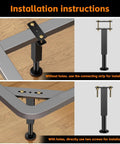 Installation instructions for Heavy Duty Adjustable Bed Support Legs 6 Pack Metal Bed Risers, showing setup options.