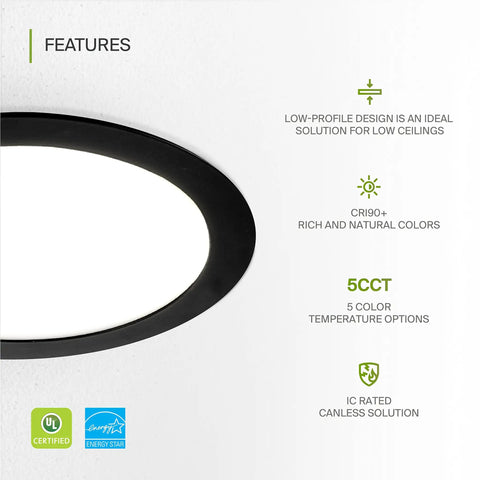 4 Pack 8 Inch LED Recessed Ceiling Lights, 20W, Five Color Temperatures 2700K to 5000K, CRI90, IC Rated, Easy Install, Ultra Thin Dimmable Canless Wafer Downlight, Round Slim Panel Lighting, UL Listed, Black