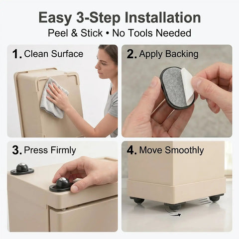 Easy installation steps for Peel And Stick Caster Wheels For Couches And Coffee Makers 360 Smooth Swivel Silent Rollers In Black.