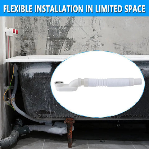 Low Profile One And A Half Inch P Trap Tub Drain Kit With Flexible Freestanding Bath Drain installed in tight space