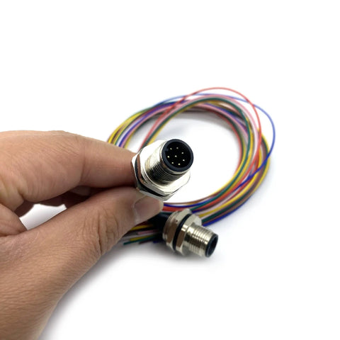 Hand holding Two Pack M12 8 Pin A Code Male Connector Cable Rugged Weatherproof IP67 Back Mount Unshielded Straight Aviation Socket Sensor